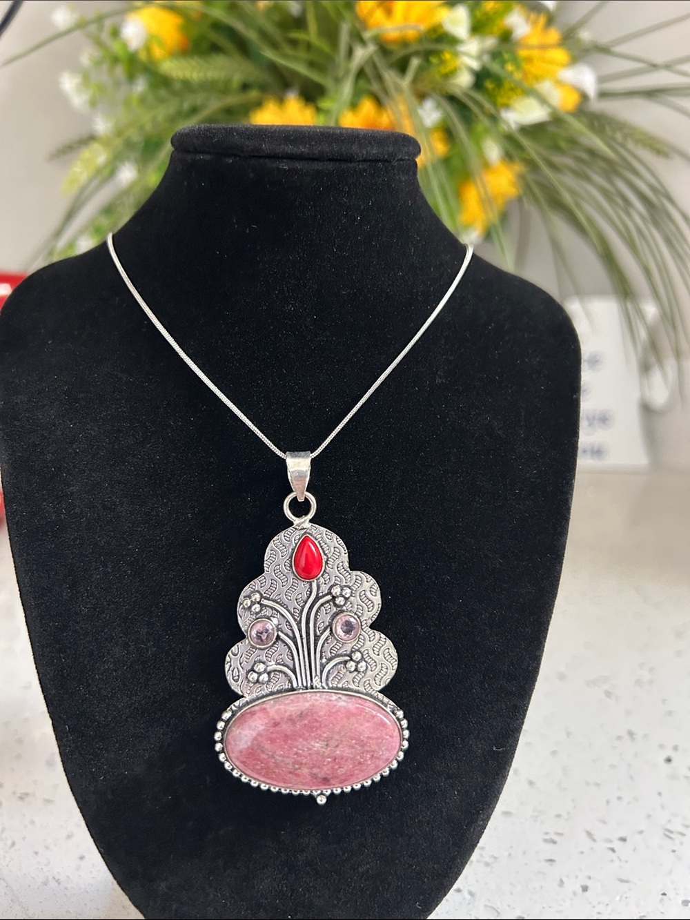 Sterling Silver Rhodonite & Coral Gemstone Pendant Necklace